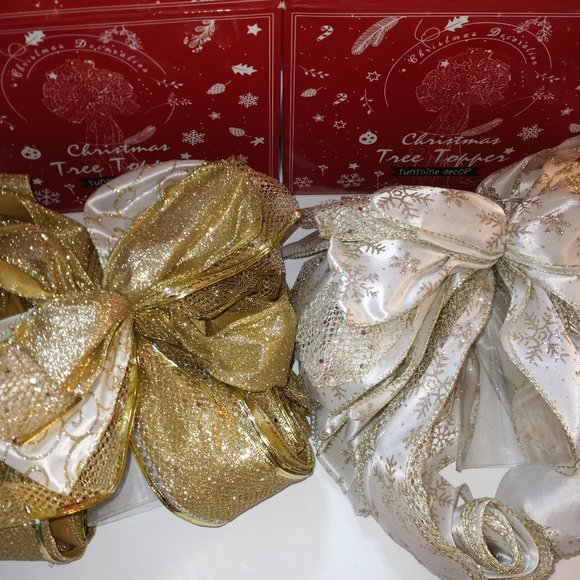 Christmas Tree Topper Bow Ornament with Glitter Satin Mesh Streamer - Picture 6 of 10